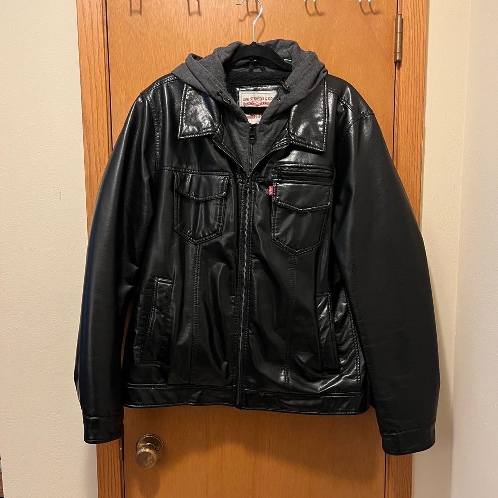 Levi's Black Faux Leather Jacket with Gray Hood